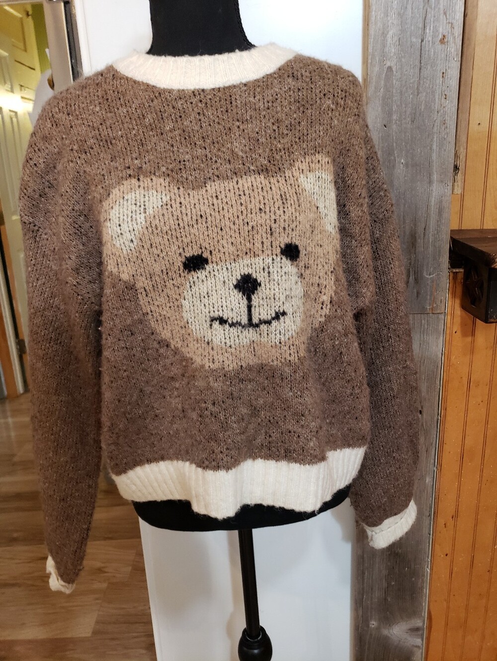 Anthropologie Luna Ivy Oversized L Knitted Sweater With Knit Teddy Bear Face